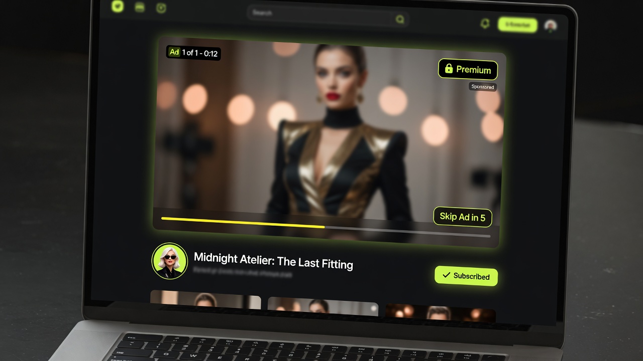 A NerdyCMS video player showing a skippable Squren pre-roll advertisement playing before locked premium content